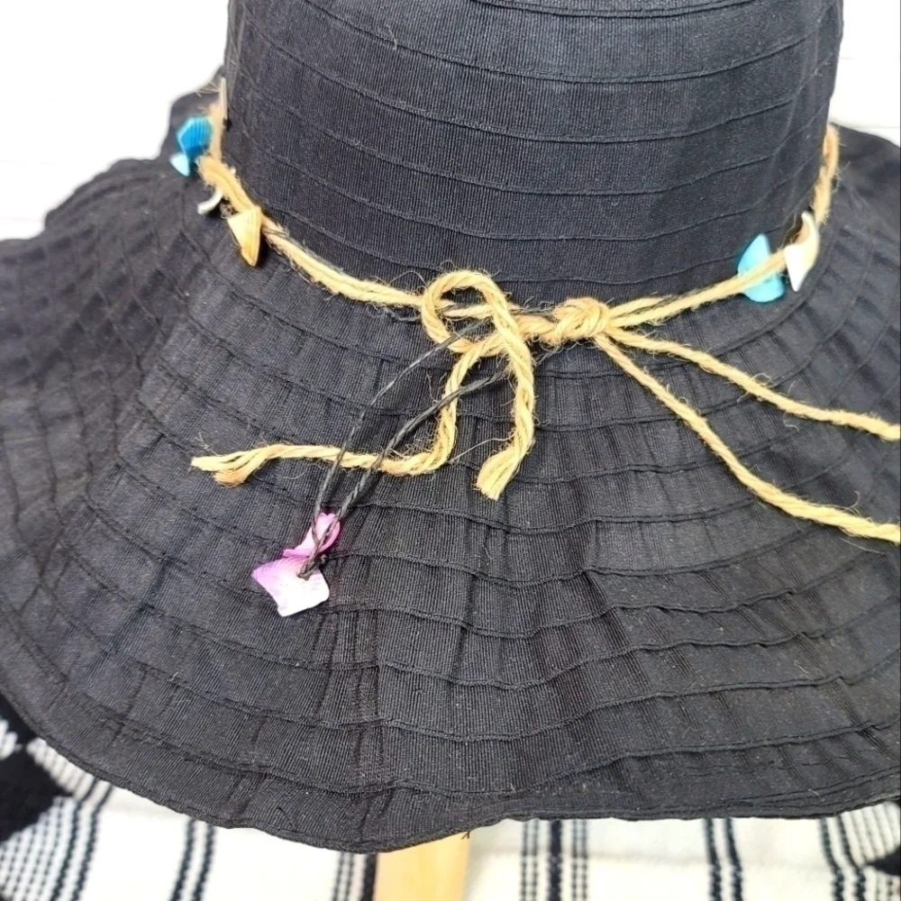 PANAMA JACK WIDE BRIM CRUSHABLE BLACK HAT, W REAL SEASHELL TRIM DETAIL